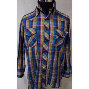 Dorothy Koelling Mens XL Multicolor Gold Blue Plaid Pearl Snap Western Shirt